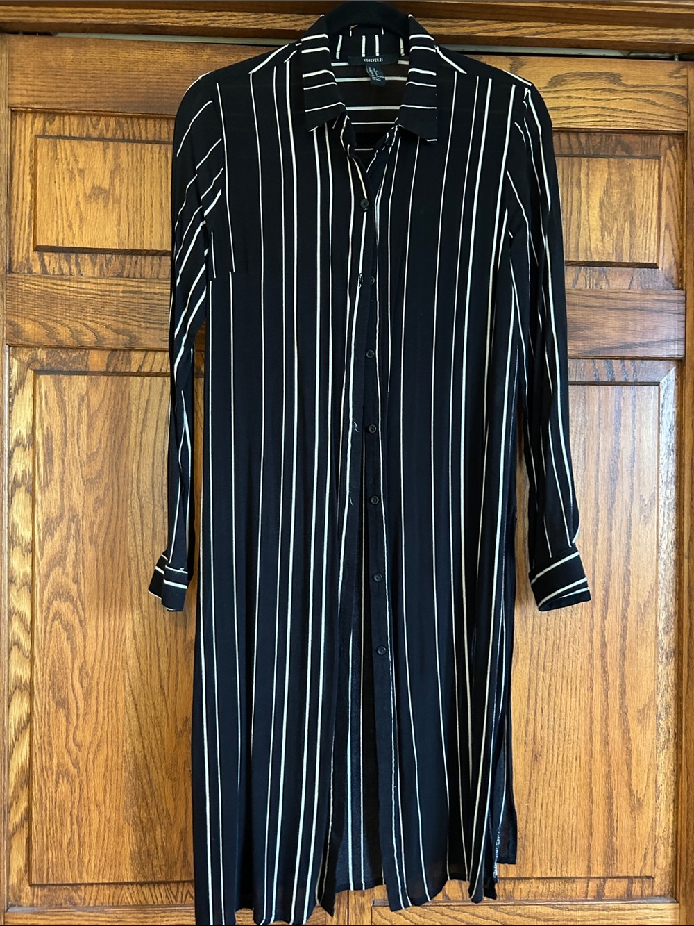 Forever 21 Black Button-Front Long Sleeve Striped Shirt Dress